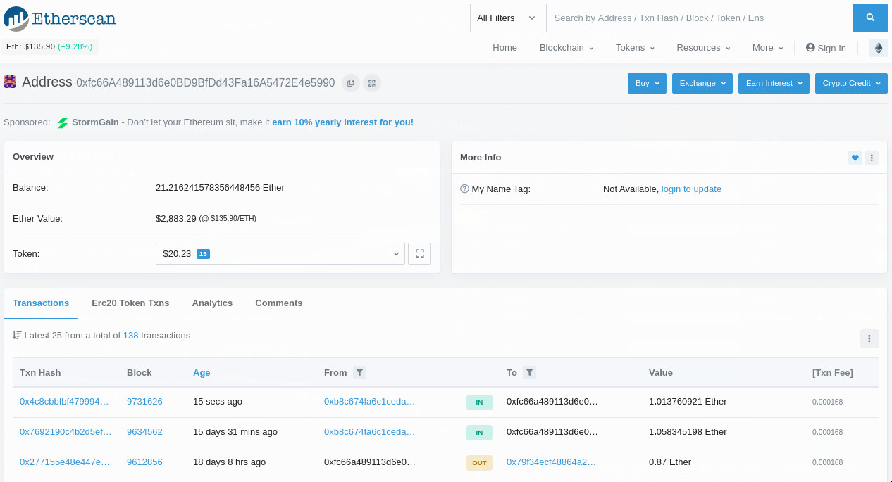 Etherscan address activity example