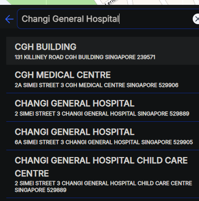 OneMap giving me Killiney as the first result for 'Changi General Hospital'...