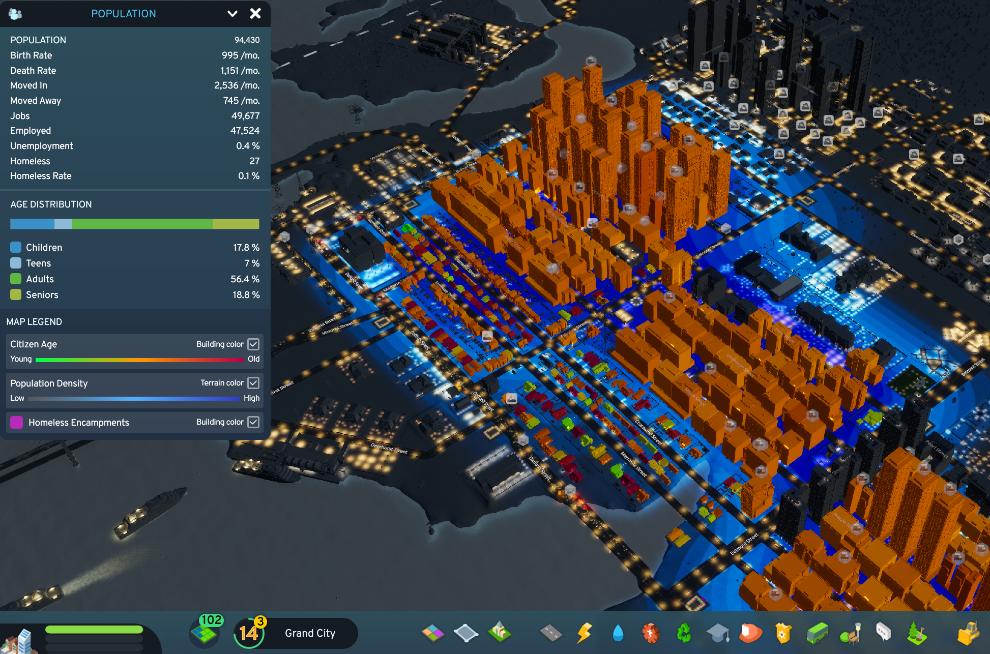 A screenshot from my recent playthrough of Cities: Skylines II. Cities: Skylines loves using heatmaps for all sorts of projections - citizen age or population density, for example