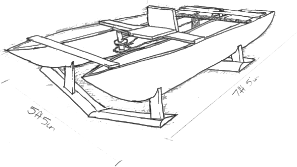 Detailed sketch of catamaran with hydrofoils