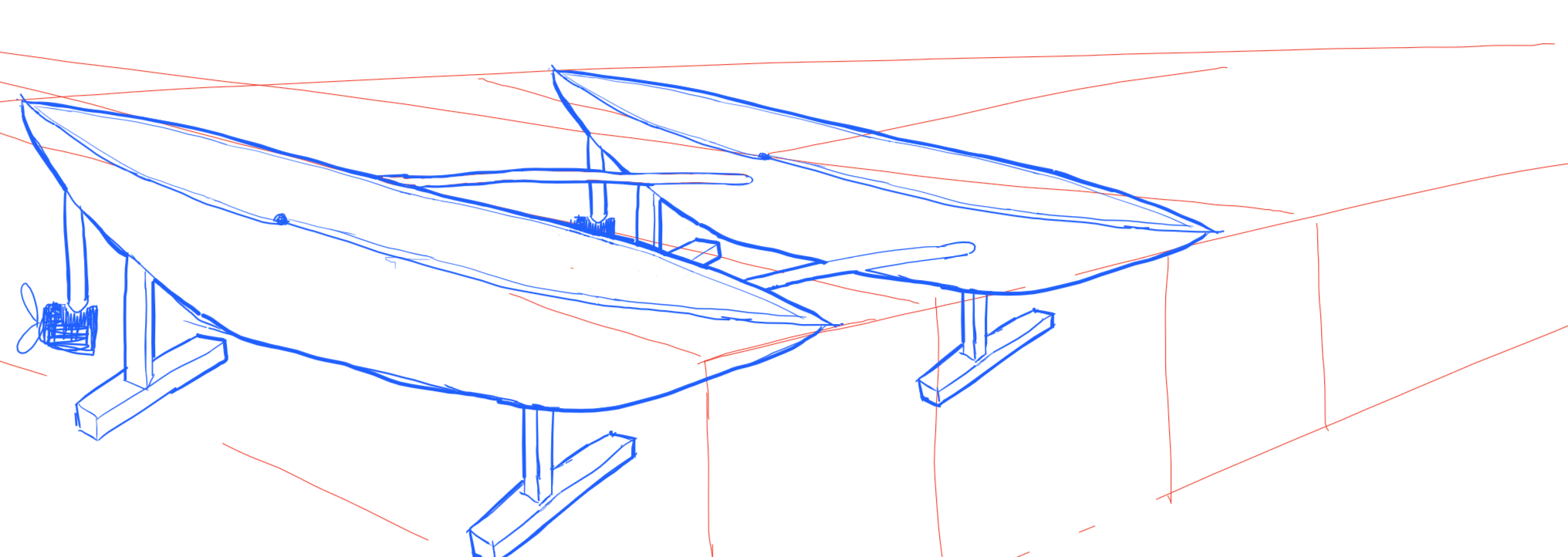 Sketch of catamaran with hydrofoils