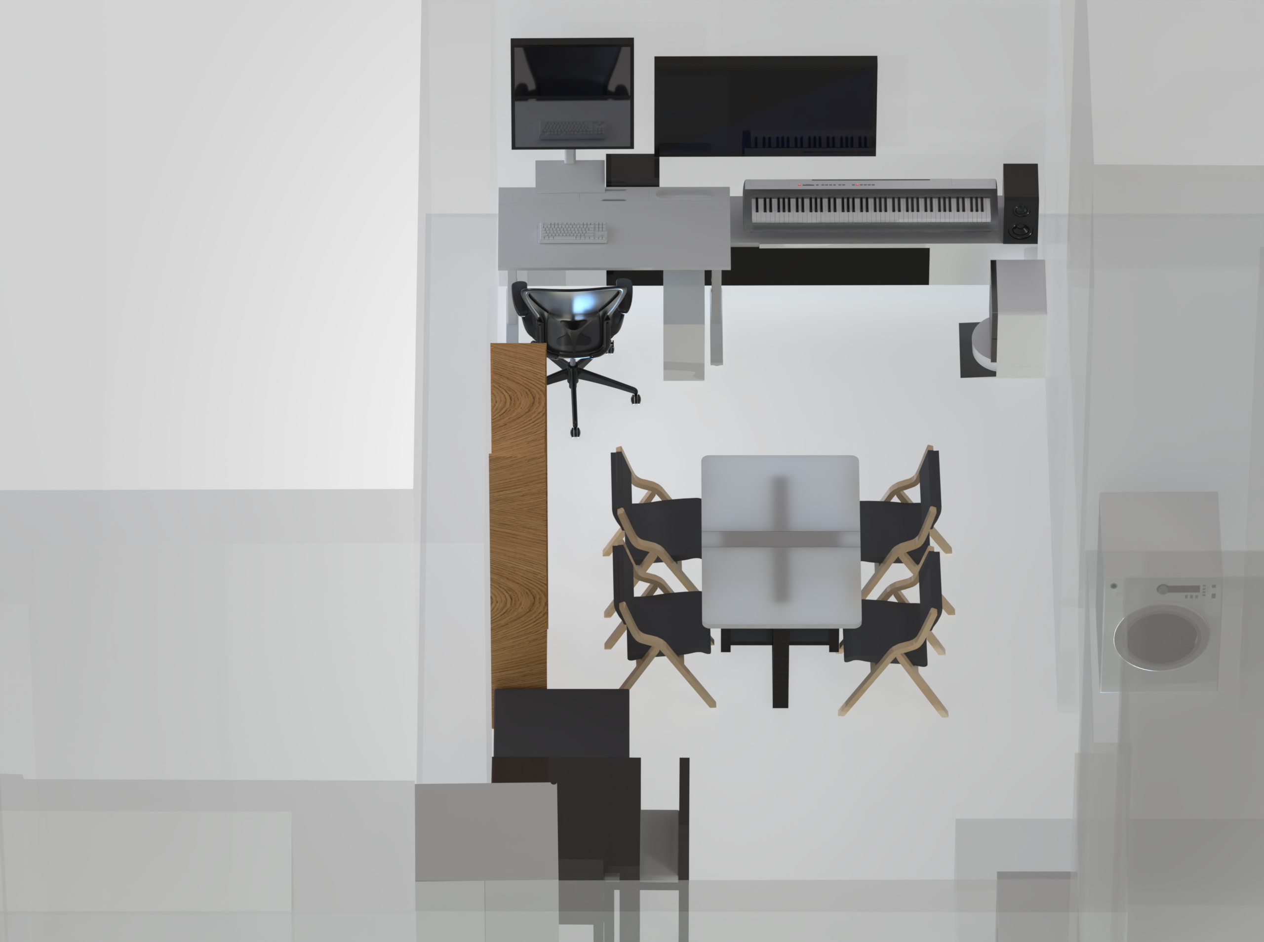When tables and chairs are unfolded, we have a dining setup that fits up to 8 people (with an additional table)