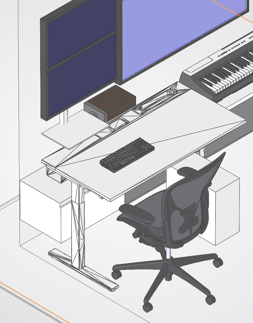 Fortunately, modelling it out allowed me to find appropriate office tables that could fit the dimensions (almost) nicely... with the sacrifice of setting one of the speakers sideways